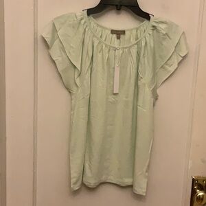 Lilla P Green Flutter Sleeve Blouse with Ruffled Neckline